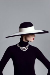 a woman wearing a black and white hat, part of the elite